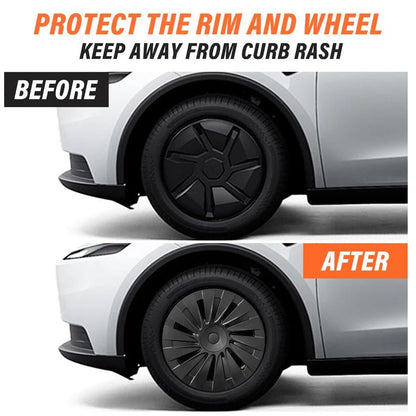 Before and after comparison showing a black wheel cover installed on a white car wheel, with text reading 'PROTECT THE RIM AND WHEEL' and 'KEEP AWAY FROM CURB RASH'.TESLA_MODEL_Y_18_INCH_RWD_STANDARD_WHEEL_COVERS_2026_BUY_FROM_IRELAND_AND_EUROPES_TESLARY.EU_WITH_FREE_DELIVERY_ACROSS_EUROPE_WITH_FEDEX_TESLARY.EU_TESLARY.IE_TESLARY.FI_TESLARY.PT_TESLARY.IT