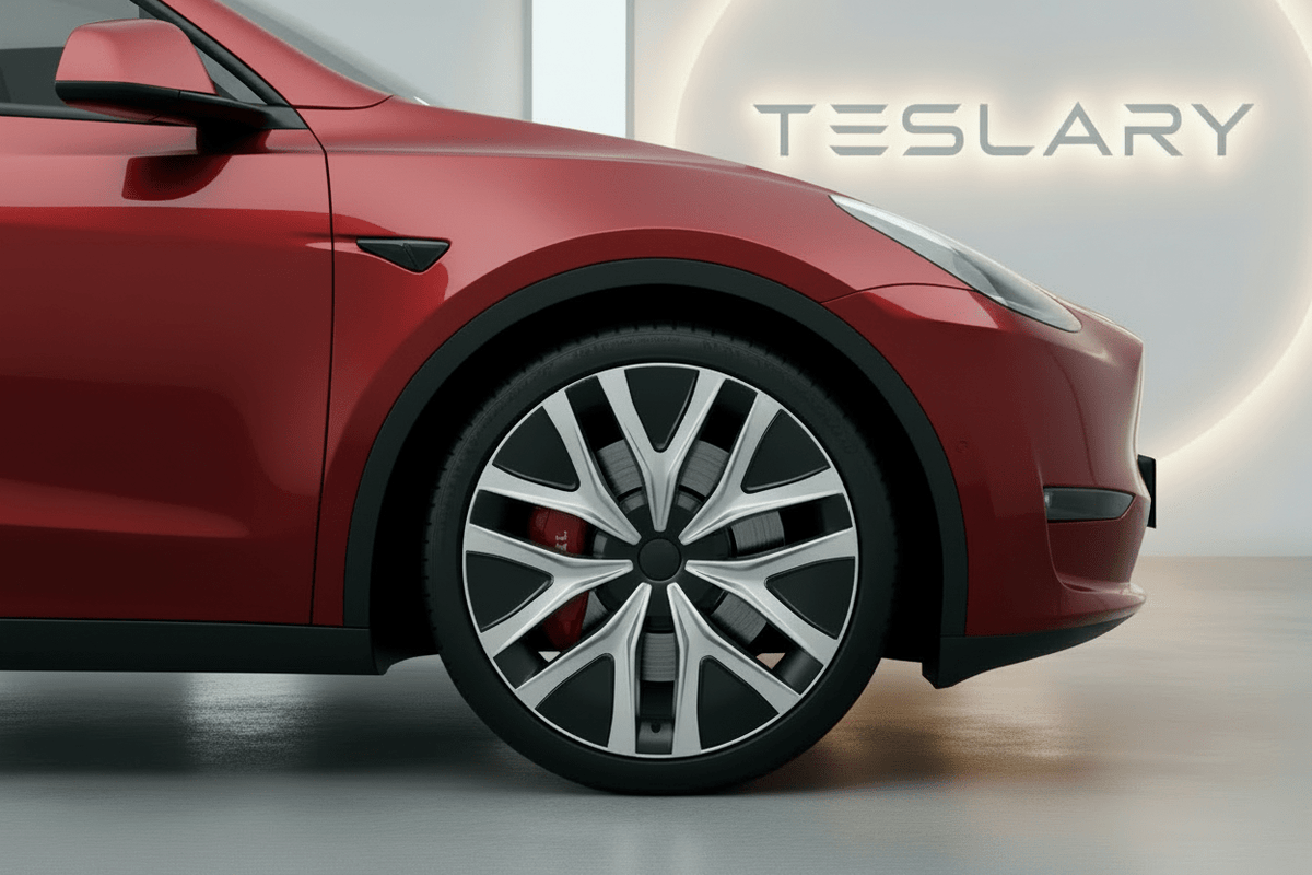 A close-up side view of a dark gray Tesla Model Y with custom multi-spoke silver and black wheels, featuring a red brake caliper and the word 'TESLARY' on a glowing circular background.