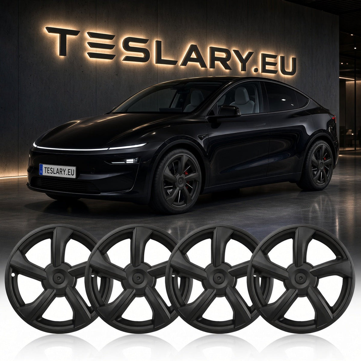 Four matte black multi-spoke wheel covers displayed in a row, with a black Tesla Model Y in the background in front of a Tesla wall sign. tesla-model-y-juniper-19-durable-abs-full-wheel-cover-gloss-black-teslary-dublin-ireland-cork-nederlands-deutschland-espana-alicante-madrid-tesla-accessories-sh-8898662