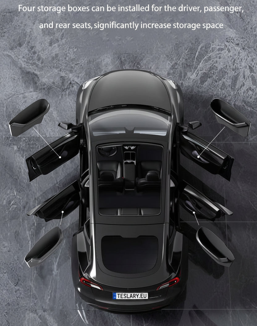 Top-down view of a black sedan with all doors open, showing four installed black storage boxes around the vehicle. White text at the top explains that four storage boxes can be installed for the driver, passenger, and rear seats to increase storage space.