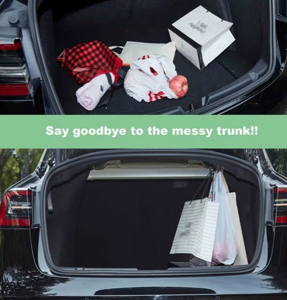 A before-and-after style comparison of a car trunk. The top panel shows a messy trunk with a red plaid bag, white plastic bags, a rolled towel, and a box. tesla-model-3-highland-grocery-shopping-bag-trunk-hook-1-piece-teslary-dublin-ireland-nederlands-deutscgland-espana-alicante-madrid-tesla-shop-europe-france-ita-292655