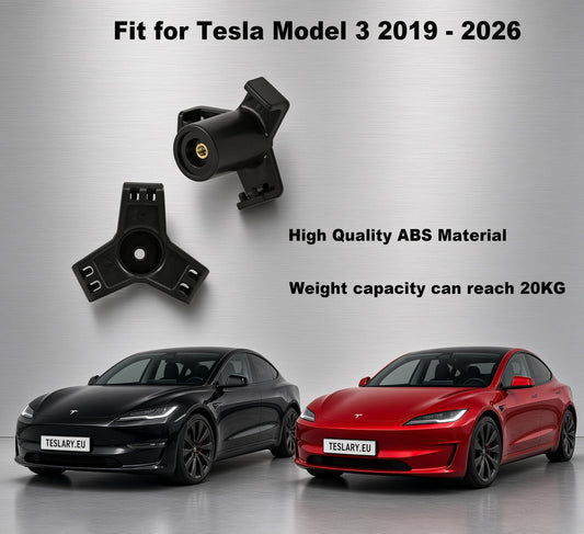 Black magnetic mounting brackets for Tesla Model 3 (2019-2026) shown with two Tesla cars (one black, one red) on a brushed gray background with text overlays describing high-quality ABS material and 20KG weight capacity. tesla-model-3-highland-grocery-shopping-bag-trunk-hook-1-piece-teslary-dublin-ireland-nederlands-deutscgland-espana-alicante-madrid-tesla-shop-europe-france-ita-292655