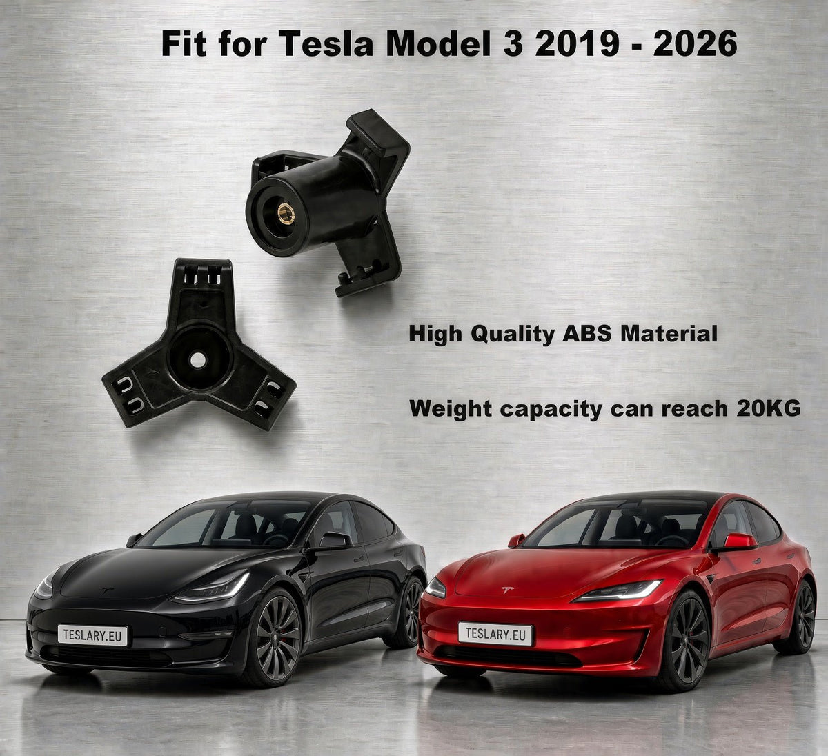 Black ABS wheel brake caliper and bracket adapter kit for Tesla Model 3 (2019-2026), shown with two Tesla cars (one black, one red) on a brushed metal background with text overlays. tesla-model-3-highland-grocery-shopping-bag-trunk-hook-1-piece-teslary-dublin-ireland-nederlands-deutscgland-espana-alicante-madrid-tesla-shop-europe-france-ita-292655