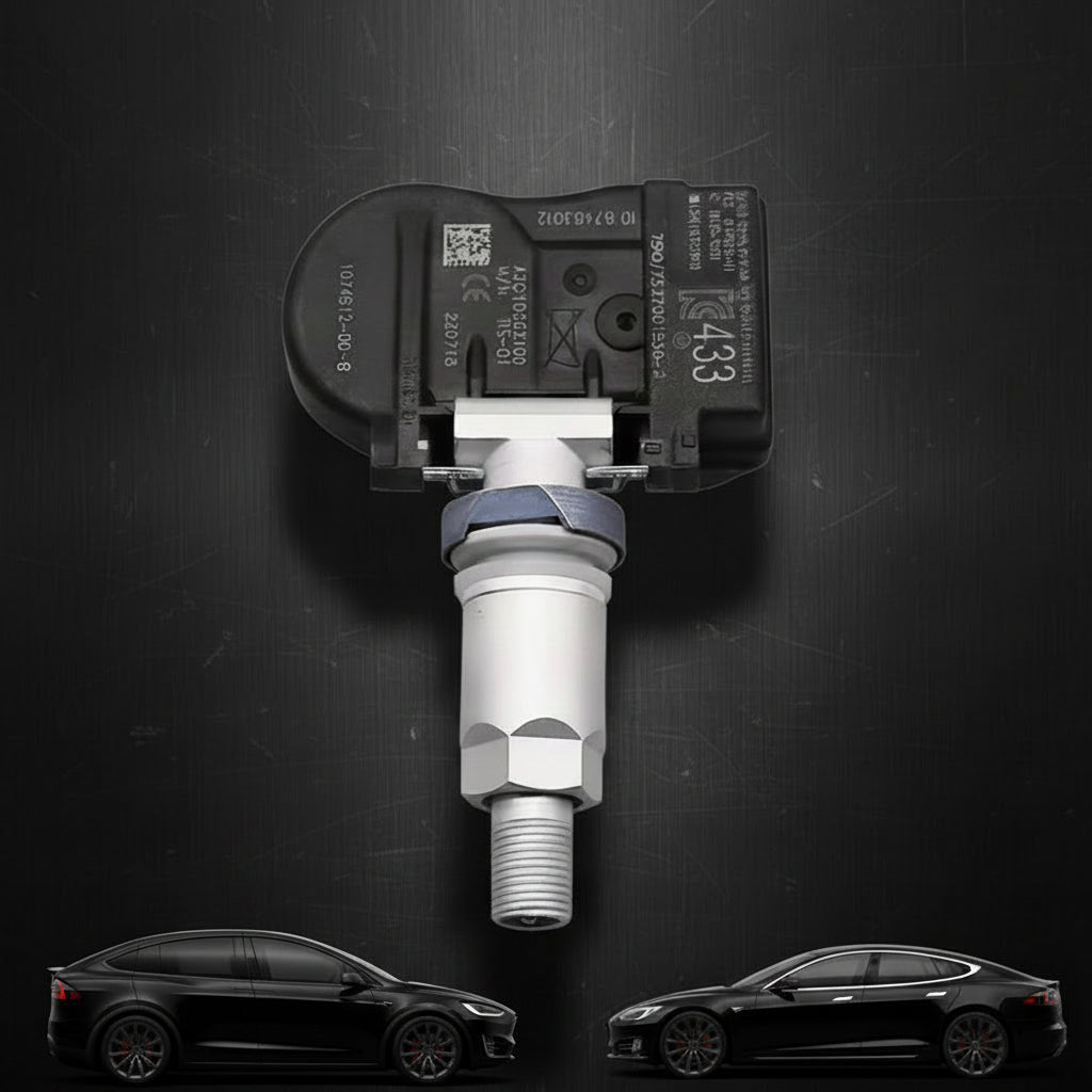 A tesla s x vehicle tire pressure sensor with a black plastic housing and a silver metal sensor body, shown against a plain white background.