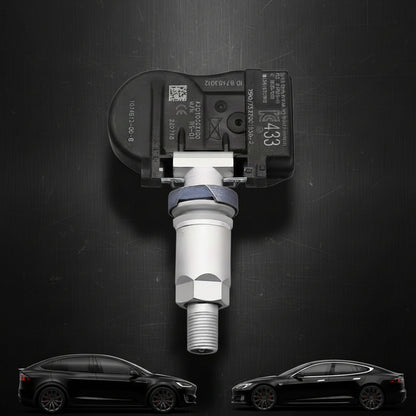 A tesla s x vehicle tire pressure sensor with a black plastic housing and a silver metal sensor body, shown against a plain white background.
