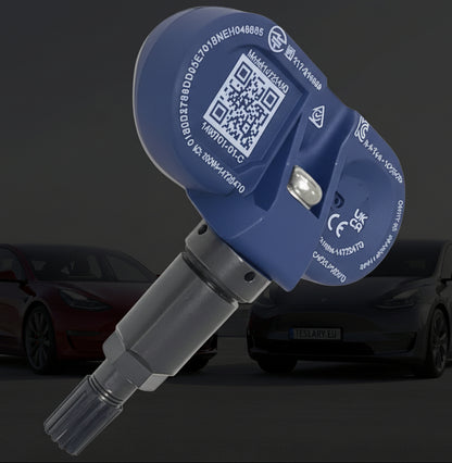 A blue and black Tesla wheel speed sensor adapter is shown against a dark gray background with promotional text reading 'EXTRA LONG LIFE BATTERY' and 'SUITABLE FOR TESLA MODEL 3, Y, S & X 2021 ONWARDS,' plus five Tesla cars along the bottom. TPMS Sensors for your Tesla Buy 3 and get 1 Free at Europes teslary.eu