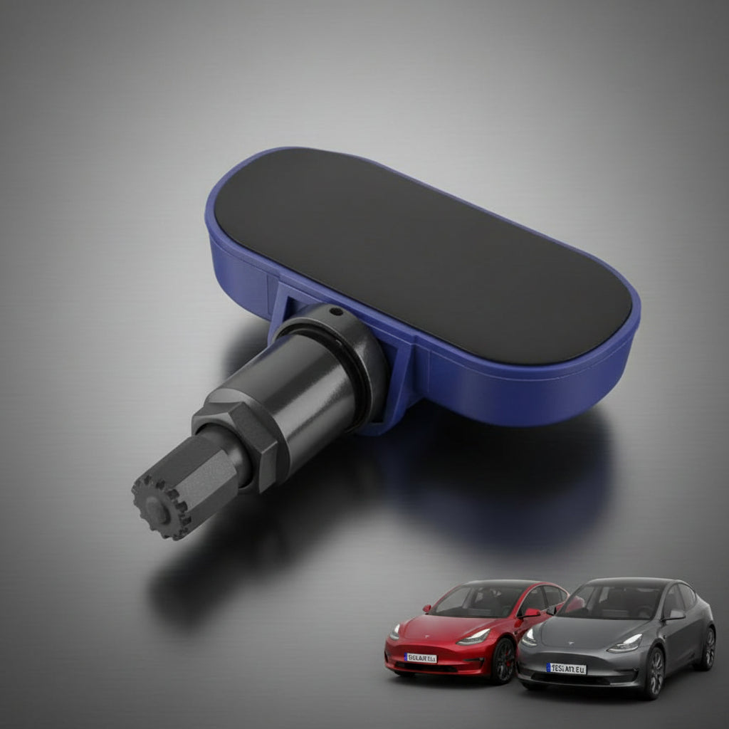 A blue and black Tesla wheel speed sensor adapter is shown against a dark gray background with promotional text reading 'EXTRA LONG LIFE BATTERY' and 'SUITABLE FOR TESLA MODEL 3, Y, S & X 2021 ONWARDS,' plus five Tesla cars along the bottom. TPMS Sensors for your Tesla Buy 3 and get 1 Free at Europes teslary.eu