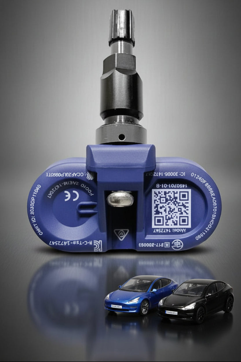 A blue and black Tesla wheel speed sensor adapter is shown against a dark gray background with promotional text reading 'EXTRA LONG LIFE BATTERY' and 'SUITABLE FOR TESLA MODEL 3, Y, S & X 2021 ONWARDS,' plus five Tesla cars along the bottom. TPMS Sensors for your Tesla Buy 3 and get 1 Free at Europes teslary.eu