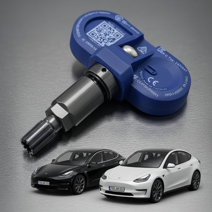 A blue and black Tesla wheel speed sensor adapter is shown against a dark gray background with promotional text reading 'EXTRA LONG LIFE BATTERY' and 'SUITABLE FOR TESLA MODEL 3, Y, S & X 2021 ONWARDS,' plus five Tesla cars along the bottom. TPMS Sensors for your Tesla Buy 3 and get 1 Free at Europes teslary.eu