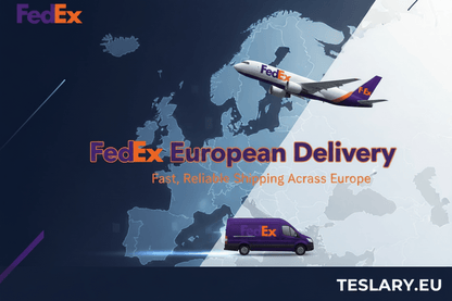 FedEx European Delivery advertisement with airplane and van on a world map background.