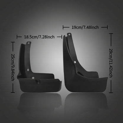 Black plastic vehicle mudflaps shown from the side with overlaid dimension labels and measurement lines indicating 25cm/9.84 inches, 18.