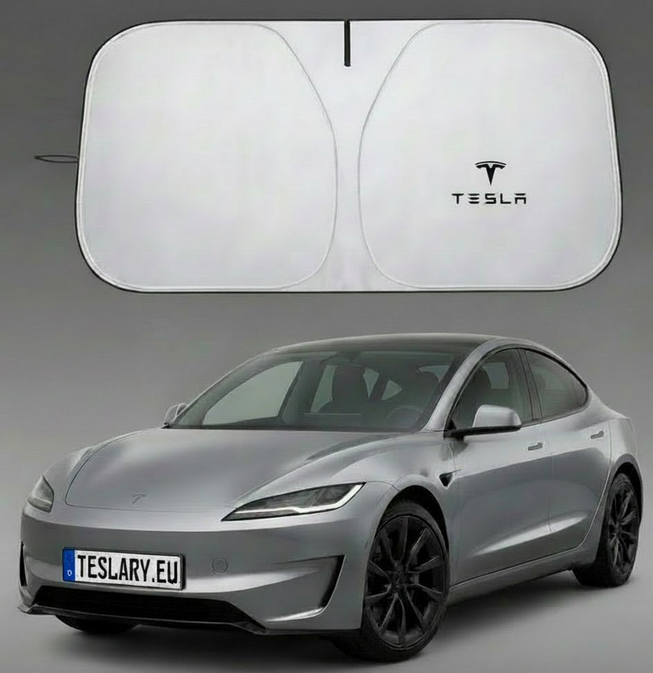 A silver Tesla car shown with a large white car sun shade above it and a folded view of the shade to the left. The sun shade has a black Tesla logo printed on it.