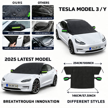 Promotional collage for a Tesla Model 3 car cover, showing a white Tesla with a dark cover fitted, dimension measurements of 254 cm by 146 cm, feature comparison panels labeled Ours vs Others, and text calling it a 2025 latest model breakthrough innovation.
