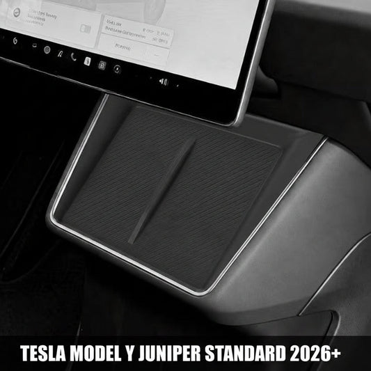 Car dashboard with a tablet stand and screen displaying a user interface.